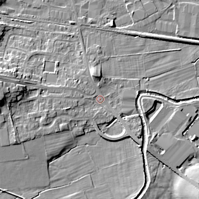 Shaded relief map of the ground around BD207SA, computed from Environment Agency LiDAR. The ground here sits at about 95 m above sea level and falls 13 m across the surrounding 800 m. Surface water reaching this point runs off ground lying to the west, 10.1 m higher.