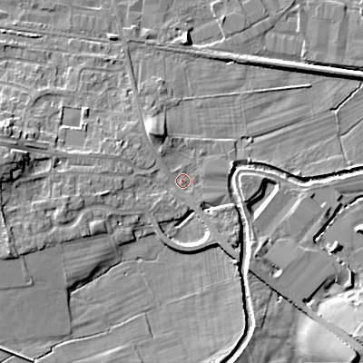 Shaded relief map of the ground around BD207SB, computed from Environment Agency LiDAR. The ground here sits at about 94 m above sea level and falls 12 m across the surrounding 800 m. Surface water reaching this point runs off ground lying to the west-south-west, 6.8 m higher.