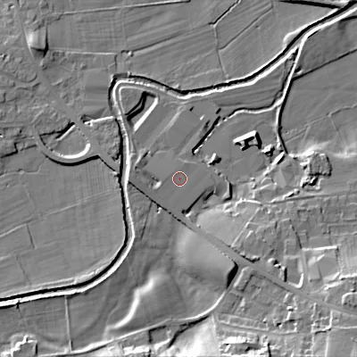 Shaded relief map of the ground around BD207SD, computed from Environment Agency LiDAR. The ground here sits at about 95 m above sea level and falls 20 m across the surrounding 800 m. Surface water reaching this point runs off ground lying to the west-south-west, 1.6 m higher.