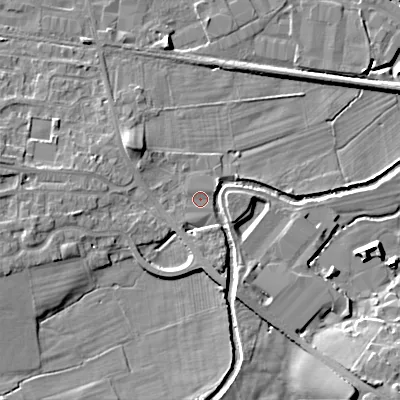 Shaded relief map of the ground around BD207SE, computed from Environment Agency LiDAR. The ground here sits at about 94 m above sea level and falls 13 m across the surrounding 800 m. Surface water reaching this point runs off ground lying to the north-west, 0.7 m higher.