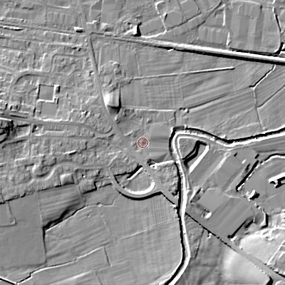 Shaded relief map of the ground around BD207SH, computed from Environment Agency LiDAR. The ground here sits at about 94 m above sea level and falls 13 m across the surrounding 800 m. Surface water reaching this point runs off ground lying to the west-south-west, 6.0 m higher.