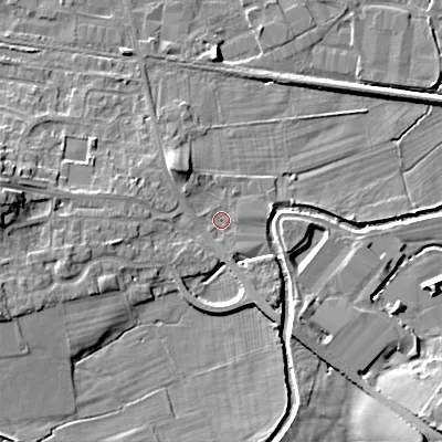 Shaded relief map of the ground around BD207SQ, computed from Environment Agency LiDAR. The ground here sits at about 94 m above sea level and falls 13 m across the surrounding 800 m. Surface water reaching this point runs off ground lying to the west-south-west, 6.8 m higher.