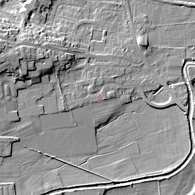 Shaded relief map of the ground around BD207TA, computed from Environment Agency LiDAR. The ground here sits at about 97 m above sea level and falls 18 m across the surrounding 800 m. Surface water reaching this point runs off ground lying to the west-south-west, 1.9 m higher.