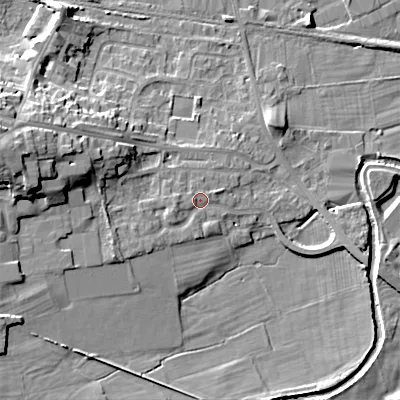 Shaded relief map of the ground around BD207TB, computed from Environment Agency LiDAR. The ground here sits at about 97 m above sea level and falls 17 m across the surrounding 800 m. Surface water reaching this point runs off ground lying to the south-west, 2.5 m higher.