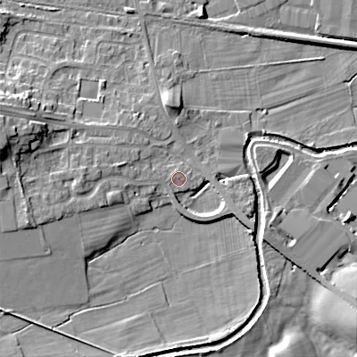 Shaded relief map of the ground around BD207TD, computed from Environment Agency LiDAR. The ground here sits at about 95 m above sea level and falls 13 m across the surrounding 800 m. Surface water reaching this point runs off ground lying to the west, 10.1 m higher.