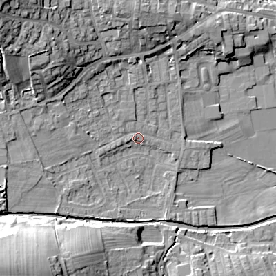 Shaded relief map of the ground around BD208BL, computed from Environment Agency LiDAR. The ground here sits at about 103 m above sea level and falls 28 m across the surrounding 800 m. Surface water reaching this point runs off ground lying to the north-west, 21.5 m higher.