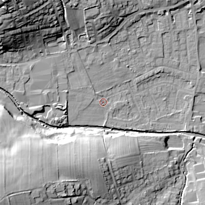 Shaded relief map of the ground around BD208BN, computed from Environment Agency LiDAR. The ground here sits at about 105 m above sea level and falls 38 m across the surrounding 800 m. Surface water reaching this point runs off ground lying to the west, 5.3 m higher.