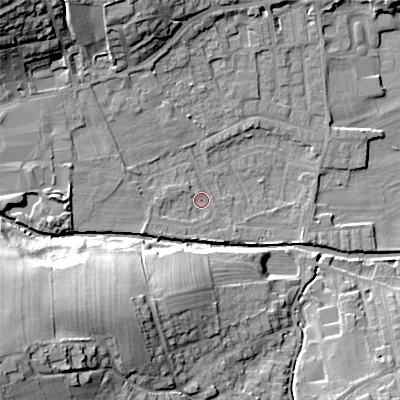 Shaded relief map of the ground around BD208BP, computed from Environment Agency LiDAR. The ground here sits at about 103 m above sea level and falls 33 m across the surrounding 800 m. Surface water reaching this point runs off ground lying to the west, 2.1 m higher.