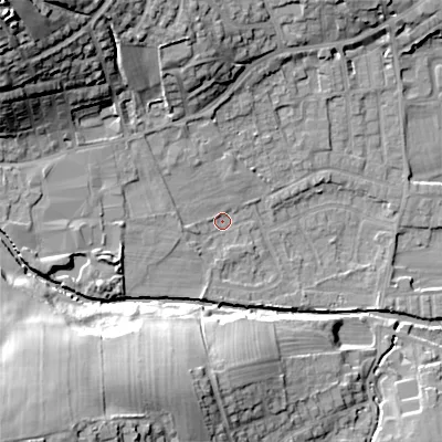 Shaded relief map of the ground around BD208BT, computed from Environment Agency LiDAR. The ground here sits at about 104 m above sea level and falls 37 m across the surrounding 800 m. Surface water reaching this point runs off ground lying to the north-west, 32.3 m higher.