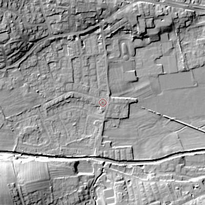 Shaded relief map of the ground around BD208BU, computed from Environment Agency LiDAR. The ground here sits at about 102 m above sea level and falls 27 m across the surrounding 800 m. Surface water reaching this point runs off ground lying to the north-west, 15.8 m higher.