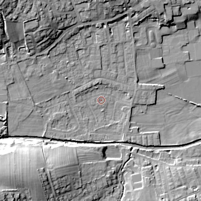 Shaded relief map of the ground around BD208BX, computed from Environment Agency LiDAR. The ground here sits at about 102 m above sea level and falls 30 m across the surrounding 800 m. Surface water reaching this point runs off ground lying to the north-west, 21.0 m higher.