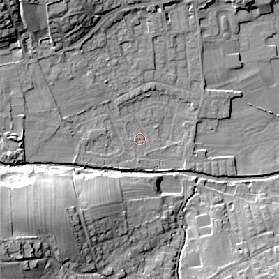 Shaded relief map of the ground around BD208BY, computed from Environment Agency LiDAR. The ground here sits at about 103 m above sea level and falls 31 m across the surrounding 800 m. Surface water reaching this point runs off ground lying to the west-south-west, 3.5 m higher.
