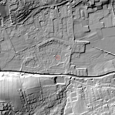 Shaded relief map of the ground around BD208DA, computed from Environment Agency LiDAR. The ground here sits at about 101 m above sea level and falls 29 m across the surrounding 800 m. Surface water reaching this point runs off ground lying to the north-west, 17.6 m higher.