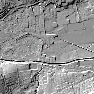Shaded relief map of the ground around BD208DB, computed from Environment Agency LiDAR. The ground here sits at about 101 m above sea level and falls 25 m across the surrounding 800 m. Surface water reaching this point runs off ground lying to the west, 1.9 m higher.