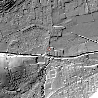 Shaded relief map of the ground around BD208DD, computed from Environment Agency LiDAR. The ground here sits at about 102 m above sea level and falls 27 m across the surrounding 800 m. Surface water reaching this point runs off ground lying to the south-south-west, 1.6 m higher.