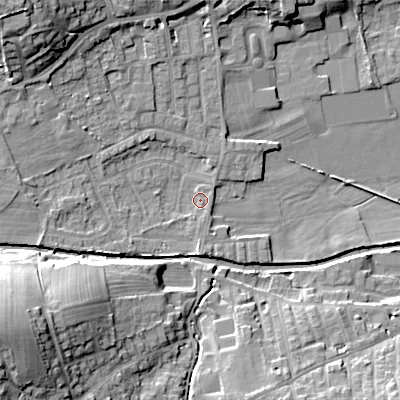 Shaded relief map of the ground around BD208DE, computed from Environment Agency LiDAR. The ground here sits at about 102 m above sea level and falls 27 m across the surrounding 800 m. Surface water reaching this point runs off ground lying to the west-south-west, 2.6 m higher.