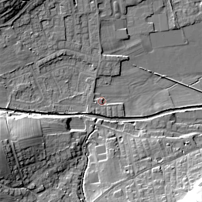 Shaded relief map of the ground around BD208DF, computed from Environment Agency LiDAR. The ground here sits at about 102 m above sea level and falls 26 m across the surrounding 800 m. Surface water reaching this point runs off ground lying to the south-west, 2.8 m higher.