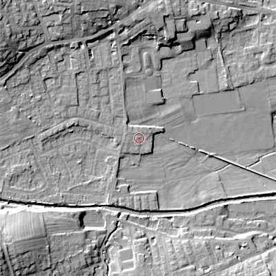 Shaded relief map of the ground around BD208DG, computed from Environment Agency LiDAR. The ground here sits at about 102 m above sea level and falls 26 m across the surrounding 800 m. Surface water reaching this point runs off ground lying to the north-west, 13.9 m higher.