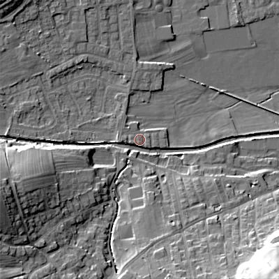 Shaded relief map of the ground around BD208DH, computed from Environment Agency LiDAR. The ground here sits at about 102 m above sea level and falls 31 m across the surrounding 800 m. Surface water reaching this point runs off ground lying to the west, 2.3 m higher.