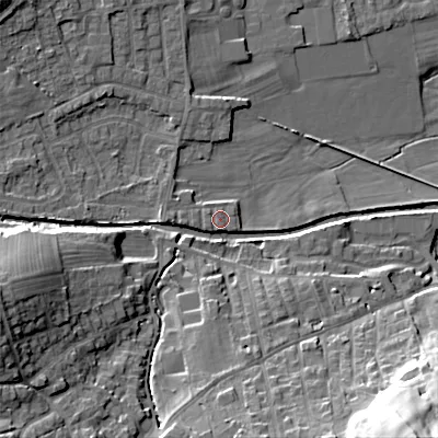 Shaded relief map of the ground around BD208DJ, computed from Environment Agency LiDAR. The ground here sits at about 102 m above sea level and falls 33 m across the surrounding 800 m. Surface water reaching this point runs off ground lying to the west, 1.4 m higher.