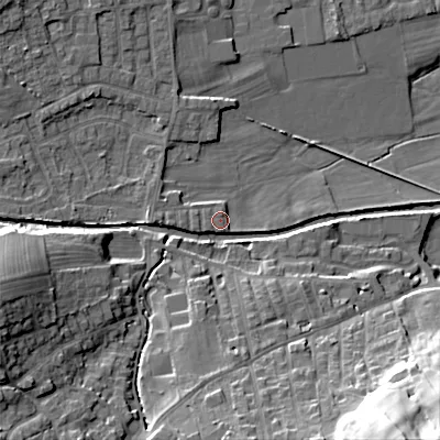Shaded relief map of the ground around BD208DL, computed from Environment Agency LiDAR. The ground here sits at about 101 m above sea level and falls 34 m across the surrounding 800 m. Surface water reaching this point runs off ground lying to the west, 1.4 m higher.