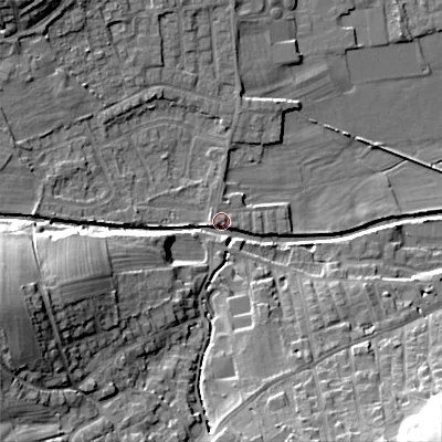 Shaded relief map of the ground around BD208DQ, computed from Environment Agency LiDAR. The ground here sits at about 103 m above sea level and falls 27 m across the surrounding 800 m. Surface water reaching this point runs off ground lying to the west-south-west, 22.3 m higher.