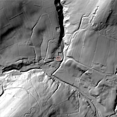 Shaded relief map of the ground around BD208EH, computed from Environment Agency LiDAR. The ground here sits at about 192 m above sea level and falls 114 m across the surrounding 800 m. Surface water reaching this point runs off ground lying to the north-north-west, 18.6 m higher.