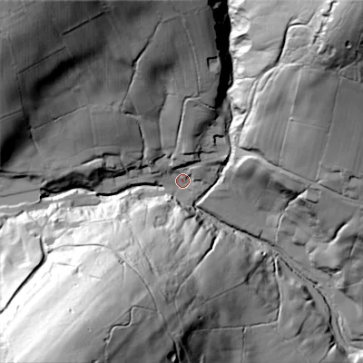 Shaded relief map of the ground around BD208EN, computed from Environment Agency LiDAR. The ground here sits at about 186 m above sea level and falls 116 m across the surrounding 800 m. Surface water reaching this point runs off ground lying to the south-west, 103.9 m higher.