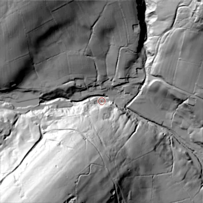 Shaded relief map of the ground around BD208ER, computed from Environment Agency LiDAR. The ground here sits at about 187 m above sea level and falls 118 m across the surrounding 800 m. Surface water reaching this point runs off ground lying to the south-south-west, 108.3 m higher.