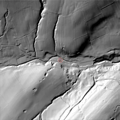 Shaded relief map of the ground around BD208EZ, computed from Environment Agency LiDAR. The ground here sits at about 196 m above sea level and falls 104 m across the surrounding 800 m. Surface water reaching this point runs off ground lying to the north-north-east, 60.7 m higher.