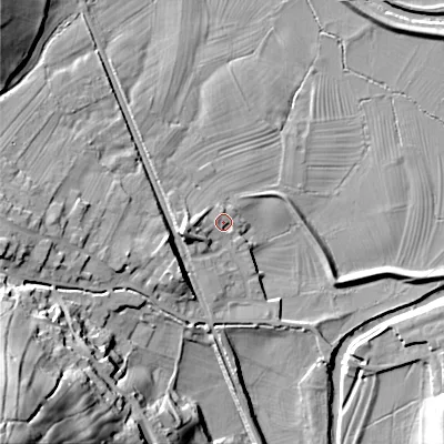 Shaded relief map of the ground around BD208FA, computed from Environment Agency LiDAR. The ground here sits at about 94 m above sea level and falls 63 m across the surrounding 800 m. Surface water reaching this point runs off ground lying to the west-south-west, 5.9 m higher.