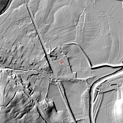 Shaded relief map of the ground around BD208FB, computed from Environment Agency LiDAR. The ground here sits at about 94 m above sea level and falls 71 m across the surrounding 800 m. Surface water reaching this point runs off ground lying to the west-north-west, 5.7 m higher.