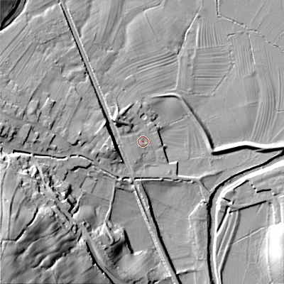 Shaded relief map of the ground around BD208FD, computed from Environment Agency LiDAR. The ground here sits at about 95 m above sea level and falls 75 m across the surrounding 800 m. Surface water reaching this point runs off ground lying to the north-west, 5.6 m higher.
