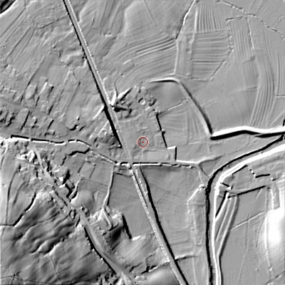 Shaded relief map of the ground around BD208FE, computed from Environment Agency LiDAR. The ground here sits at about 94 m above sea level and falls 83 m across the surrounding 800 m. Surface water reaching this point runs off ground lying to the west-south-west, 50.2 m higher.