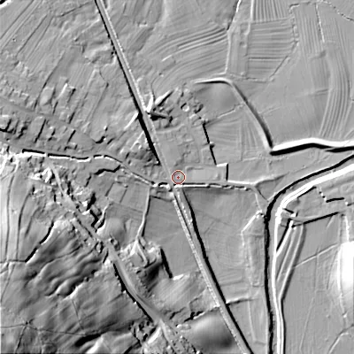 Shaded relief map of the ground around BD208FF, computed from Environment Agency LiDAR. The ground here sits at about 95 m above sea level and falls 101 m across the surrounding 800 m. Surface water reaching this point runs off ground lying to the west-south-west, 56.2 m higher.