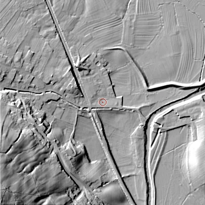 Shaded relief map of the ground around BD208FG, computed from Environment Agency LiDAR. The ground here sits at about 94 m above sea level and falls 89 m across the surrounding 800 m. Surface water reaching this point runs off ground lying to the west-south-west, 43.2 m higher.