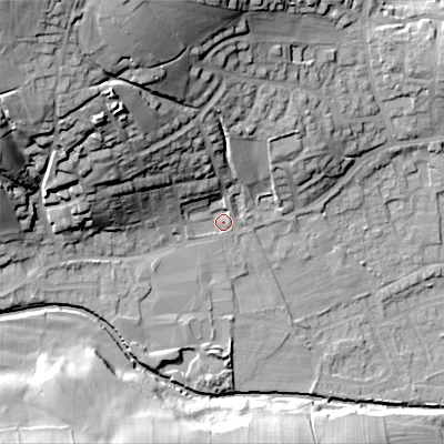 Shaded relief map of the ground around BD208FQ, computed from Environment Agency LiDAR. The ground here sits at about 107 m above sea level and falls 47 m across the surrounding 800 m. Surface water reaching this point runs off ground lying to the north-west, 29.4 m higher.
