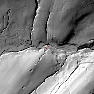 Shaded relief map of the ground around BD208HA, computed from Environment Agency LiDAR. The ground here sits at about 197 m above sea level and falls 103 m across the surrounding 800 m. Surface water reaching this point runs off ground lying to the north-north-east, 60.3 m higher.