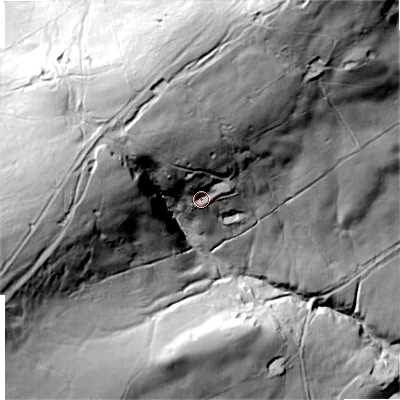 Shaded relief map of the ground around BD208HN, computed from Environment Agency LiDAR. The ground here sits at about 300 m above sea level and falls 115 m across the surrounding 800 m. Surface water reaching this point runs off ground lying to the north-north-west, 46.4 m higher.