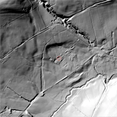 Shaded relief map of the ground around BD208HQ, computed from Environment Agency LiDAR. The ground here sits at about 225 m above sea level and falls 123 m across the surrounding 800 m. Surface water reaching this point runs off ground lying to the north-west, 99.9 m higher.