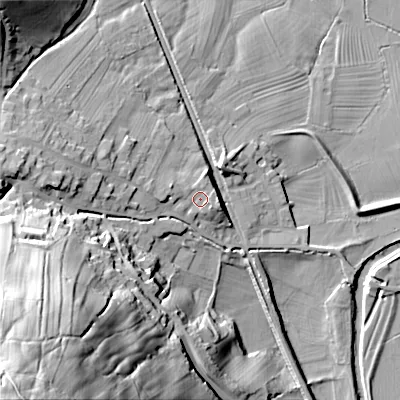 Shaded relief map of the ground around BD208JG, computed from Environment Agency LiDAR. The ground here sits at about 100 m above sea level and falls 93 m across the surrounding 800 m. Surface water reaching this point runs off ground lying to the east-south-east, 1.8 m higher.