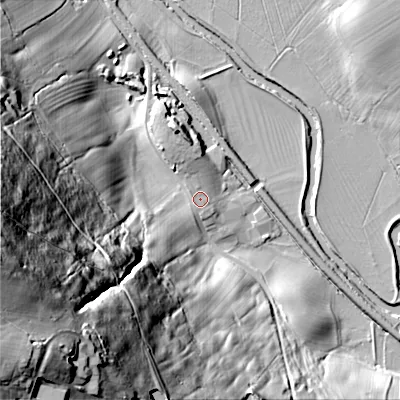 Shaded relief map of the ground around BD208JP, computed from Environment Agency LiDAR. The ground here sits at about 96 m above sea level and falls 122 m across the surrounding 800 m. Surface water reaching this point runs off ground lying to the north-west, 1.6 m higher.