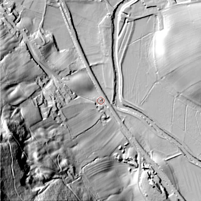 Shaded relief map of the ground around BD208JT, computed from Environment Agency LiDAR. The ground here sits at about 93 m above sea level and falls 142 m across the surrounding 800 m. Surface water reaching this point runs off ground lying to the south-west, 121.3 m higher.