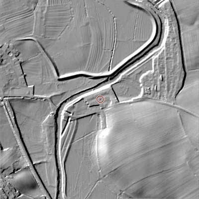 Shaded relief map of the ground around BD208LF, computed from Environment Agency LiDAR. The ground here sits at about 94 m above sea level and falls 24 m across the surrounding 800 m. Surface water reaching this point runs off ground lying to the east-south-east, 2.5 m higher.