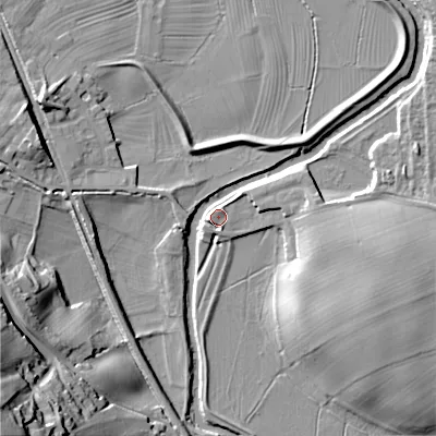 Shaded relief map of the ground around BD208LG, computed from Environment Agency LiDAR. The ground here sits at about 93 m above sea level and falls 46 m across the surrounding 800 m. Surface water reaching this point runs off ground lying to the west, 1.4 m higher.