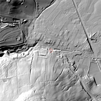 Shaded relief map of the ground around BD208LJ, computed from Environment Agency LiDAR. The ground here sits at about 107 m above sea level and falls 106 m across the surrounding 800 m. Surface water reaching this point runs off ground lying to the south-south-west, 93.2 m higher.
