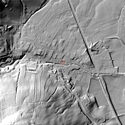 Shaded relief map of the ground around BD208LL, computed from Environment Agency LiDAR. The ground here sits at about 101 m above sea level and falls 105 m across the surrounding 800 m. Surface water reaching this point runs off ground lying to the south-west, 95.1 m higher.