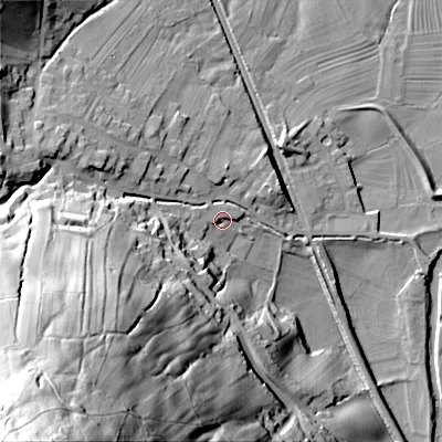 Shaded relief map of the ground around BD208LR, computed from Environment Agency LiDAR. The ground here sits at about 99 m above sea level and falls 119 m across the surrounding 800 m. Surface water reaching this point runs off ground lying to the north-west, 2.6 m higher.