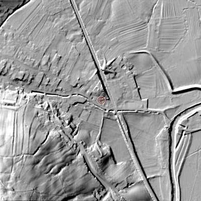Shaded relief map of the ground around BD208LS, computed from Environment Agency LiDAR. The ground here sits at about 98 m above sea level and falls 108 m across the surrounding 800 m. Surface water reaching this point runs off ground lying to the north, 4.3 m higher.