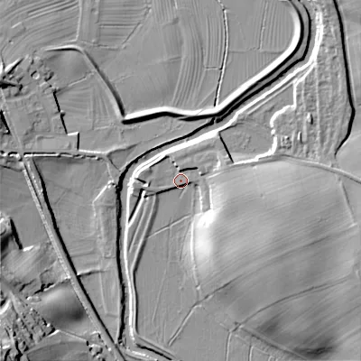 Shaded relief map of the ground around BD208LT, computed from Environment Agency LiDAR. The ground here sits at about 92 m above sea level and falls 34 m across the surrounding 800 m. Surface water reaching this point runs off ground lying to the east-north-east, 5.1 m higher.